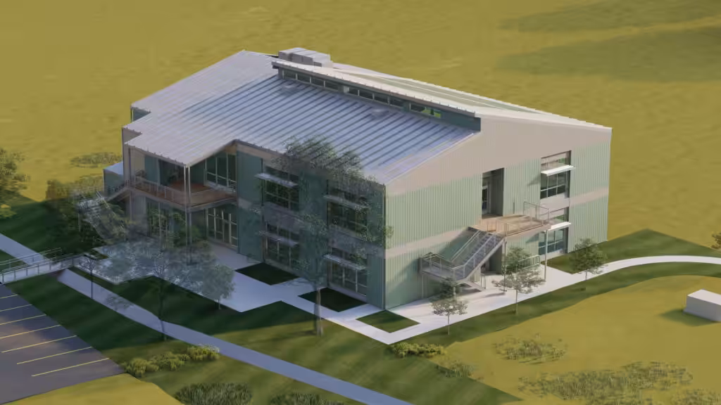 Rendering of a modern, three-story green and gray building with metal roofing, large windows, and multiple staircases, situated in a landscaped area near a parking lot.