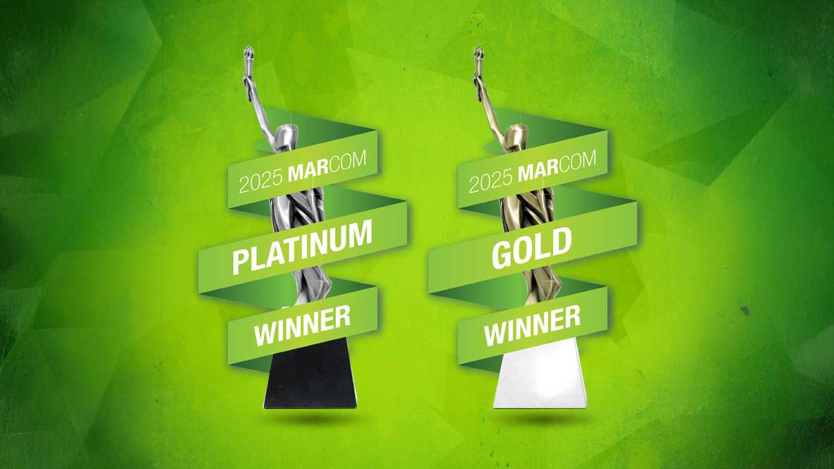 Two 2025 MarCom Award trophies displayed side by side, featuring a platinum winner statue on the left and a gold winner statue on the right, against a bright green background.